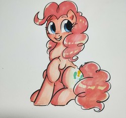Size: 1280x1197 | Tagged: safe, artist:oofycolorful, pinkie pie, earth pony, pony, g4, female, looking away, looking sideways, mare, raised hoof, simple background, sitting, smiling, solo, three quarter view, traditional art, white background