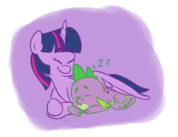 Size: 842x648 | Tagged: safe, artist:doodling-is-magic, spike, twilight sparkle, alicorn, dragon, pony, g4, baby, baby dragon, cute, duo, eyes closed, female, horn, male, mama twilight, mare, purple background, signature, simple background, sleeping, smiling, spikabetes, spikelove, spread wings, twiabetes, twilight sparkle (alicorn), wings, zzz