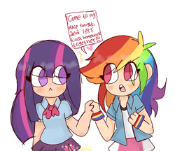 Size: 719x622 | Tagged: safe, artist:eva-lii, rainbow dash, twilight sparkle, equestria girls, g4, :<, :o, armband, blushing, clothes, cute, dashabetes, dialogue, empty eyes, eye clipping through hair, eye contact, female, heart, holding hands, human coloration, lesbian, looking at each other, no pupils, open mouth, ship:twidash, shipping, simple background, skirt, speech bubble, teeth, twiabetes, white background, wide eyes, wristband