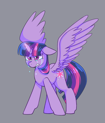 Size: 850x1000 | Tagged: safe, artist:fewderpewders, twilight sparkle, alicorn, pony, angry, crying, ears back, female, glowing horn, gray background, gritted teeth, magic, mare, simple background, solo, spread wings, twilight sparkle (alicorn), wings