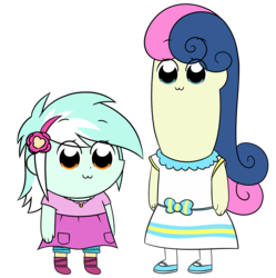 Size: 3491x3507 | Tagged: safe, artist:sykobelle, bon bon, lyra heartstrings, sweetie drops, equestria girls, g4, :3, adorabon, bkub, boots, clothes, cute, dress, duo, duo female, female, hairband, high res, lyrabetes, mary janes, pipimi, pop team epic, popuko, shoes, shorts, simple background, skirt, socks, style emulation, transparent background