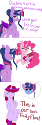 Size: 1280x3760 | Tagged: safe, artist:tomboygirl45, pinkie pie, twilight sparkle, oc, oc:fruity flare, alicorn, pony, unicorn, princessponk, g4, alicornified, ask, baby, baby pony, colored wings, colt, crying, female, lesbian, magical lesbian spawn, male, multicolored wings, offspring, parent:pinkie pie, parent:twilight sparkle, parents:twinkie, pinkiecorn, prone, race swap, ship:twinkie, shipping, tears of joy, tumblr, twilight sparkle (alicorn), xk-class end-of-the-world scenario