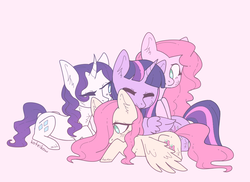 Size: 1050x765 | Tagged: safe, artist:koteikow, fluttershy, pinkie pie, rarity, twilight sparkle, alicorn, earth pony, pegasus, pony, unicorn, g4, curved horn, female, group, horn, lying, mare, pony pile, prone, simple background, spread wings, twilight sparkle (alicorn), wings