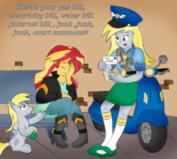 Size: 2951x2643 | Tagged: safe, artist:poseidonathenea, derpy hooves, sunset shimmer, human, pony, equestria girls, g4, high res, human ponidox, mail, mailmare, money, motorcycle, ponidox world, poor, sandals, scooter, self ponidox