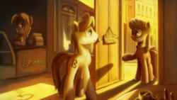 Size: 2880x1620 | Tagged: safe, artist:anticular, octavia melody, oc, oc:salad sandwich, oc:sketchy sounds, earth pony, pony, unicorn, fanfic:sketchy salad symphony, g4, cash register, doorway, eye contact, fanfic, fanfic art, female, looking at each other, male, mare, shop, stallion