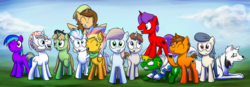 Size: 2563x890 | Tagged: safe, artist:anticular, oc, oc only, oc:age, oc:anticular pony, oc:blindcoyote, oc:bolthedgie4706, oc:buttercheese, oc:lunchwere, oc:postcrusade, oc:sky paw, oc:tathers heart, oc:vetie, pony, female, group, male, mare, stallion