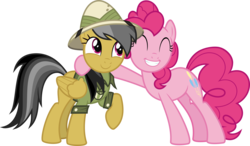 Size: 5141x3000 | Tagged: safe, artist:sollace, daring do, pinkie feather, pinkie pie, earth pony, pegasus, pony, daring done?, g4, .svg available, clothes, cute, daring dorable, diapinkes, duo, eyes closed, female, grin, hat, mare, pith helmet, raised hoof, shirt, show accurate, side hug, simple background, smiling, transparent background, vector