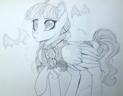 Size: 1024x804 | Tagged: safe, artist:evergreen-gemdust, inky rose, pegasus, pony, g4, honest apple, clothes, ear fluff, female, mare, raised hoof, solo, traditional art, watermark
