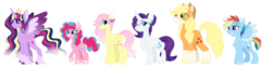 Size: 1600x388 | Tagged: safe, artist:leviostars, applejack, fluttershy, pinkie pie, rainbow dash, rarity, twilight sparkle, alicorn, pony, g4, alternate design, colored wings, mane six, multicolored wings, scar, simple background, size difference, transparent background, twilight sparkle (alicorn)