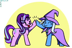 Size: 600x405 | Tagged: safe, artist:tangankittentail, starlight glimmer, trixie, pony, unicorn, g4, cape, clothes, duo, eyes closed, female, hat, high five, mare, open mouth, smiling, trixie's cape, trixie's hat