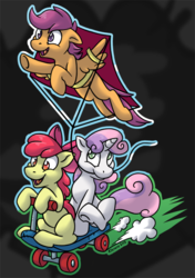 Size: 500x711 | Tagged: safe, artist:kletete, apple bloom, scootaloo, sweetie belle, earth pony, pegasus, pony, unicorn, g4, assisted flying, cutie mark crusaders, female, filly, kite, mouth hold, scooter, smiling, trio