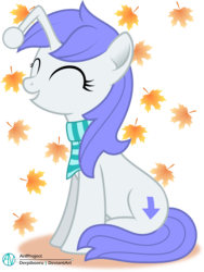 Size: 1867x2479 | Tagged: safe, artist:arifproject, oc, oc only, oc:discentia, pony, clothes, falling leaves, female, inkscape, leaf, leaves, mare, ponified, reddit, scarf, simple background, sitting, smiling, solo, transparent background, vector