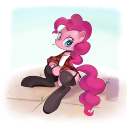 Size: 768x768 | Tagged: safe, artist:jus+ice, pinkie pie, earth pony, pony, g4, clothes, colored, cute, diapinkes, female, hipster, looking at you, mare, sitting, solo