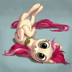 Size: 2000x2000 | Tagged: safe, artist:lis-alis, roseluck, earth pony, pony, g4, behaving like a cat, collar, commissioner:doom9454, cute, digital art, female, fluffy, high res, hooves to the chest, looking at you, lying, lying down, mare, on back, pet tag, pony pet, rosabetes, rosepet, smiling, solo