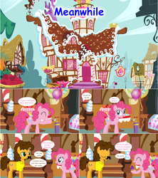 Size: 1284x1444 | Tagged: safe, artist:hakunohamikage, cheese sandwich, pinkie pie, pony, ask-princesssparkle, g4, ask, balloon, cupcake, fake moustache, food, sugarcube corner, tumblr