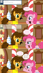 Size: 1280x2168 | Tagged: safe, artist:hakunohamikage, cheese sandwich, pinkie pie, pony, ask-princesssparkle, g4, ask, fake moustache, sugarcube corner, tumblr