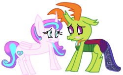 Size: 1768x1084 | Tagged: safe, artist:snoopy7c7, princess flurry heart, thorax, changedling, changeling, g4, blushing, female, king thorax, looking at each other, male, ship:flurrax, shipping, story in the source, straight