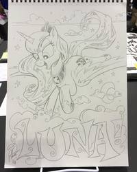 Size: 1080x1349 | Tagged: safe, artist:andypriceart, princess luna, alicorn, pony, g4, cloud, flying, moon, spread wings, stars, traditional art, wings