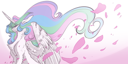 Size: 1900x950 | Tagged: safe, artist:yuyusunshine, princess celestia, alicorn, pony, g4, chest fluff, curved horn, ear fluff, female, flower petals, gradient background, horn, long ears, long mane, mare, neck fluff, petals, profile, solo