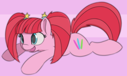 Size: 700x421 | Tagged: safe, artist:treekickerdraws, pacific glow, earth pony, pony, female, mare, pigtails, prone, smiling, solo, sploot