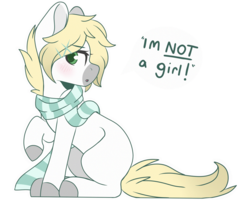 Size: 2500x2000 | Tagged: dead source, safe, artist:cinnamontee, oc, oc only, oc:ren, pony, blushing, clothes, crossdressing, dialogue, eyelashes, femboy, high res, male, raised hoof, scarf, simple background, sitting, solo, stallion, transparent background, trap