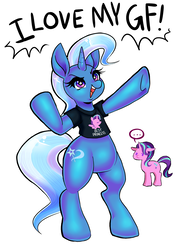 Size: 1519x2159 | Tagged: safe, artist:mrspinkpuds, starlight glimmer, trixie, alicorn, pony, unicorn, g4, ..., alicornified, bipedal, clothes, cute, dialogue, diatrixes, female, floppy ears, lesbian, race swap, ship:startrix, shipping, shirt, simple background, starlicorn, starry eyes, white background, wingding eyes