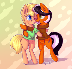 Size: 2322x2208 | Tagged: safe, artist:dsp2003, oc, oc only, oc:box cutter, oc:jai heart, earth pony, pony, unicorn, blushing, clothes, cute, high res, hoodie, hug, male, tongue out