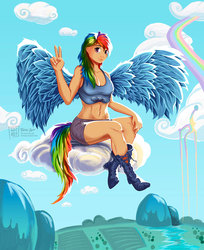 Size: 1223x1501 | Tagged: safe, artist:rain-ant, rainbow dash, human, g4, abs, belly button, boots, clothes, cloud, female, humanized, midriff, shoes, shorts, solo, tailed humanization, top, winged humanization, wings