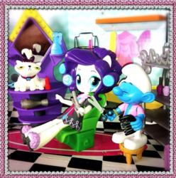 Size: 1168x1176 | Tagged: safe, opalescence, rarity, equestria girls, g4, crossover, doll, equestria girls minis, salon, the smurfs, toy, vanity smurf