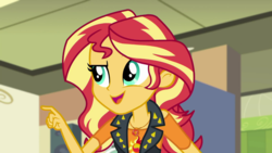Size: 1280x720 | Tagged: safe, screencap, sunset shimmer, equestria girls, g4, my little pony equestria girls: better together, overpowered (equestria girls), canterlot high, ceiling, clothes, female, geode of empathy, music room, open mouth, solo