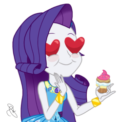 Size: 1963x2048 | Tagged: safe, artist:ilaria122, rarity, equestria girls, g4, my little pony equestria girls: better together, super squad goals, clothes, cupcake, cute, dessert, female, food, geode of shielding, heart eyes, magical geodes, raribetes, rarity peplum dress, signature, simple background, solo, transparent background, wingding eyes
