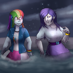 Size: 800x800 | Tagged: safe, artist:cottoncloudy, rainbow dash, rarity, equestria girls, g4, bracelet, clothes, commission, female, hair, hot tub, jewelry, lesbian, looking at each other, ship:raridash, shipping, soaked, water, wet, wet clothes, wet hair