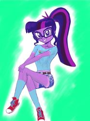 Size: 727x976 | Tagged: safe, artist:xjleiu, sci-twi, twilight sparkle, equestria girls, g4, my little pony equestria girls: legend of everfree, clothes, converse, crossed legs, female, shoes, shorts, sneakers, solo