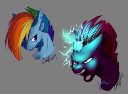 Size: 3295x2421 | Tagged: safe, artist:mysteryart716, rainbow dash, tempest shadow, pony, unicorn, g4, my little pony: the movie, alternate timeline, angry, apocalypse dash, broken horn, bust, crystal war timeline, eye scar, female, glowing eyes, hair over one eye, high res, horn, mare, open mouth, scar, simple background, sparking horn, torn ear