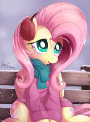 Size: 1725x2325 | Tagged: safe, artist:bugplayer, fluttershy, pegasus, pony, g4, bench, bundled up for winter, clothes, cute, daaaaaaaaaaaw, earmuffs, female, folded wings, high res, hnnng, mare, scarf, shyabetes, sitting, snow, solo, sweater, sweatershy, wings, winter clothes, wintershy