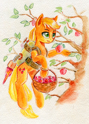 Size: 450x629 | Tagged: safe, artist:maytee, applejack, earth pony, pony, tabun art-battle, g4, apple, female, food, jetpack, mare, smiling, solo, traditional art