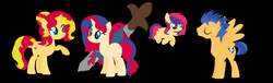 Size: 1745x529 | Tagged: safe, artist:blueberrymuffin02, flash sentry, sunset shimmer, oc, g4, family, female, male, offspring, parent:flash sentry, parent:sunset shimmer, parents:flashimmer, ship:flashimmer, shipping, straight