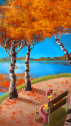 Size: 1080x1920 | Tagged: safe, artist:camyllea, fluttershy, pegasus, pony, g4, autumn, bench, female, leaves, looking away, mare, prone, scenery, smiling, solo, tree, water