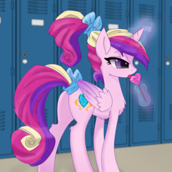 Size: 3100x3100 | Tagged: safe, artist:kp-shadowsquirrel, artist:oil, derpibooru exclusive, princess cadance, alicorn, pony, bow, butt, candy, female, food, high res, lollipop, lovebutt, mare, plot, solo, tail bow, teen princess cadance, tongue out, younger