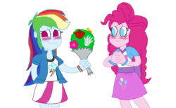 Size: 4032x2486 | Tagged: safe, artist:ktd1993, pinkie pie, rainbow dash, equestria girls, g4, blushing, bouquet, clothes, duo, female, flower, lesbian, looking away, ship:pinkiedash, shipping, simple background, smiling, transparent background