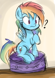 Size: 1000x1414 | Tagged: safe, anonymous artist, rainbow dash, pegasus, pony, g4, female, question mark, raised hoof, sitting, solo