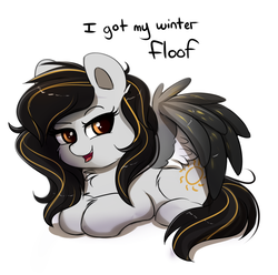 Size: 770x765 | Tagged: safe, artist:confetticakez, oc, oc only, oc:raven sun, pegasus, pony, cute, dialogue, female, fluffy, lying down, mare, ocbetes, prone, simple background, smiling, solo, white background, winter fluff