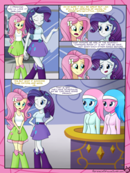 Size: 3024x4032 | Tagged: safe, artist:horsecat, aloe, fluttershy, lotus blossom, rarity, comic:a very normal day at the spa, equestria girls, g4, boots, breasts, clothes, comic, definitely not shipping, equestria girls-ified, fluttershy's skirt, hairband, implied flarity, implied lesbian, implied shipping, shoes, skirt, socks, spa, spa twins, tank top