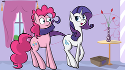 Size: 3724x2095 | Tagged: safe, artist:cloudyskieswrites, pinkie pie, rarity, pony, g4, female, high res, mare, prehensile tail
