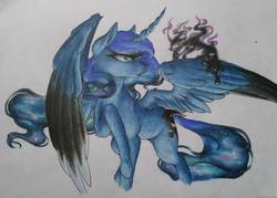 Size: 1323x945 | Tagged: safe, artist:cloud-dash, princess luna, tantabus, alicorn, pony, g4, colored wings, female, multicolored wings, solo, traditional art