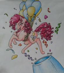 Size: 1047x1195 | Tagged: safe, artist:cloud-dash, pinkie pie, earth pony, pony, g4, balloon, confetti, eyes closed, female, happy, party cannon, pony cannonball, solo, streamers, traditional art