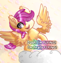 Size: 606x626 | Tagged: safe, artist:victoriathething, scootaloo, g4, cloud, cute, cutealoo, cutie mark, dialogue, female, implied rainbow dash, scootaloo can fly, solo