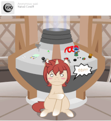 Size: 540x590 | Tagged: safe, artist:aha-mccoy, oc, oc only, oc:corel, oc:corel-lee mclovin, oc:march jackielope, jackalope, pony, unicorn, nopony-ask-mclovin, animated, blush sticker, blushing, covering, doctor who, female, gradient hooves, mare, solo focus, tardis console room, tardis control room, we don't normally wear clothes
