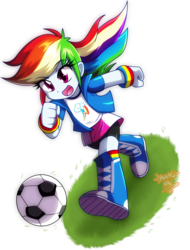 Size: 2276x3000 | Tagged: safe, artist:danmakuman, rainbow dash, equestria girls, boots, bracelet, chibi, clothes, compression shorts, cute, female, football, happy, jewelry, long hair, open mouth, running, shoes, simple background, skirt, smiling, socks, solo, sports, sweatband, transparent background, wristband