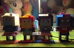 Size: 2532x1651 | Tagged: safe, artist:grapefruitface1, octavia melody, sci-twi, starlight glimmer, sunset shimmer, trixie, twilight sparkle, equestria girls, g4, complex background, cubehead, cubeheads, group, irl, lego, merchandise, photo, plushie, toy